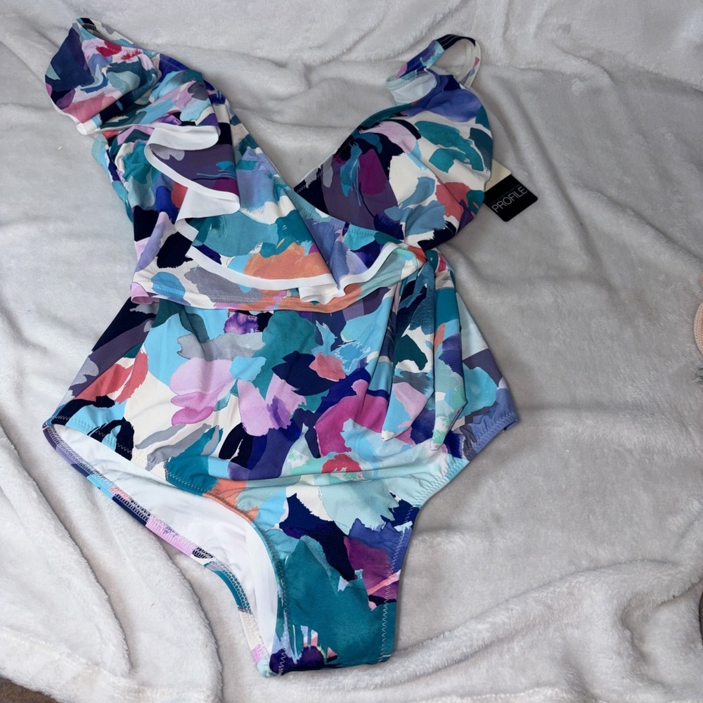 Profile by Gottex Holi Abstract Floral V-Neck Surplice One-Piece Swimsuit NWT 10